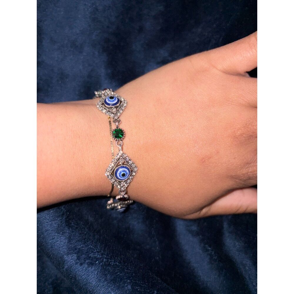 New Evil Eye Rhinestone Bracelet Blue Green Red 7"